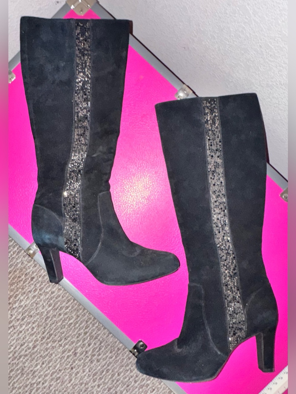 Alex Marie Black Suede Knee-High Boots with Sparkle Trim